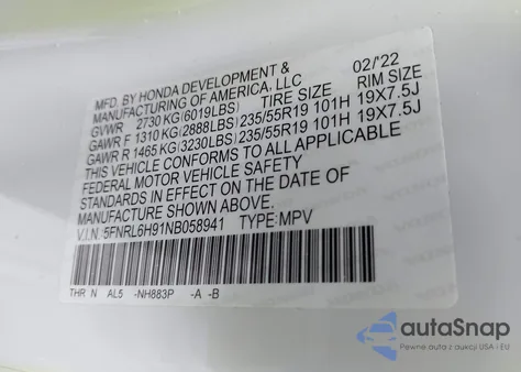 2022 Honda Odyssey Elite from USA, damaged, VIN 5FNRL6H91NB058941